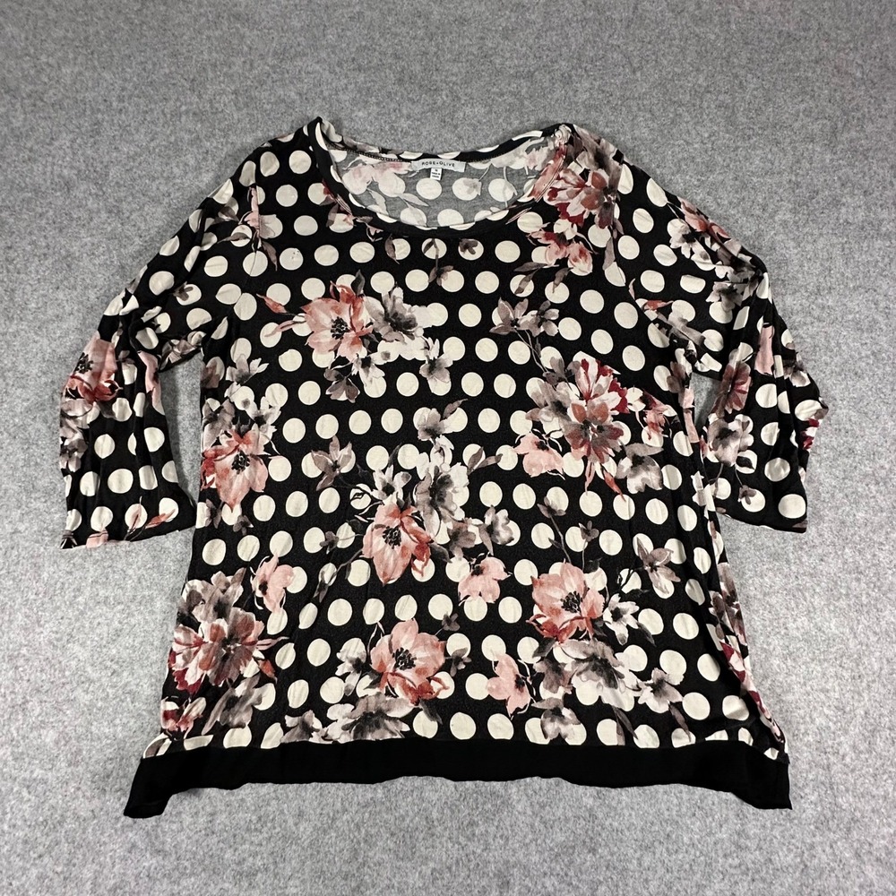 Rose + Olive Floral Polka Dot Top Womens 1X Black Pink 3/4 Sleeve